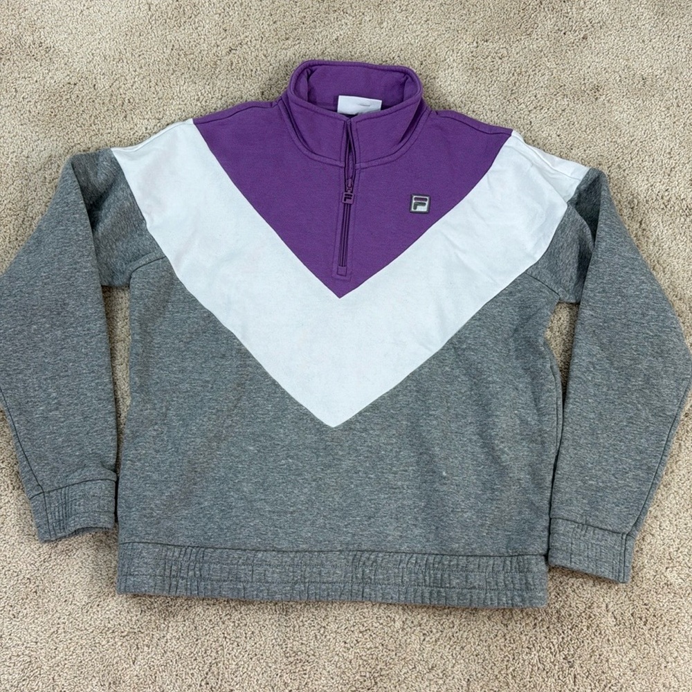Fila sweatshirt pull over quarter zip small, gray, purple white